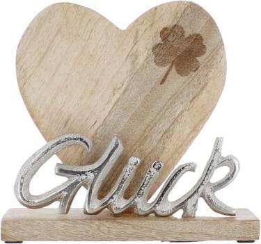 MICA Living Standdeko Herz mit Schriftzug - Glück - braun/silber - ca. 17 x 5 x 18 cm
