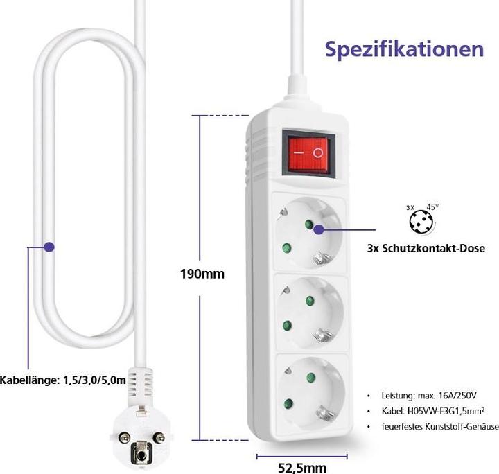 Actual product image Helos CLASSIC socket strip, 3-way, white, 3.0m, with switch (3x, 3 m)