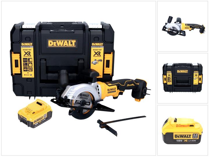 1x DeWalt TSTAK, 1x Dewalt DCB 182 18 V 4 Ah Li-Ion battery, 1x DeWalt DCS 571 cordless circular saw