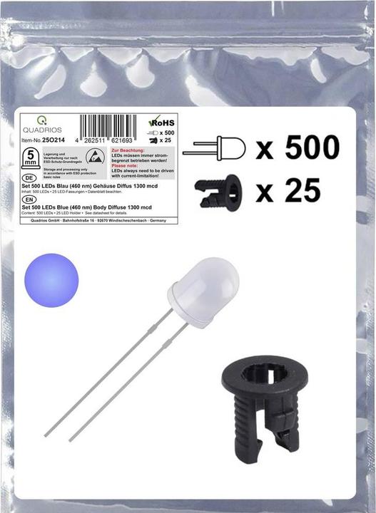 Quadrios 25O214 LED-Sortiment Blau Rund 5 mm 1300 mcd 20 mA 3.0 V