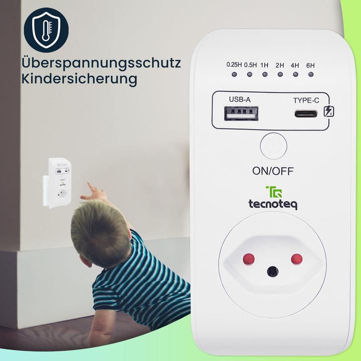Produktbild Tecnoteq Steckdose mit 2x USB-Ladeport, 3.1 A, Timer, Überspannungsschutz, Swiss-Edition, 3er-Set
