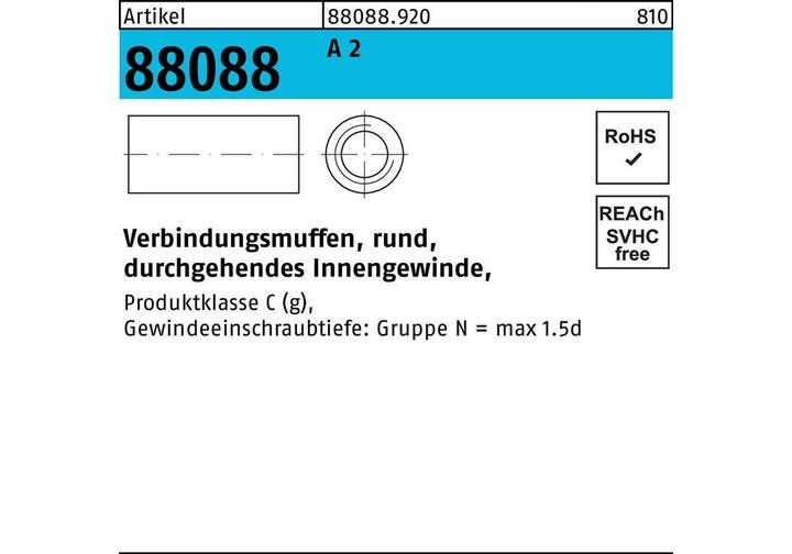 Actual product image Connecting sleeve R 88088 round female thread M16x 40x 22 A 2 through. internal thread 10 pcs.