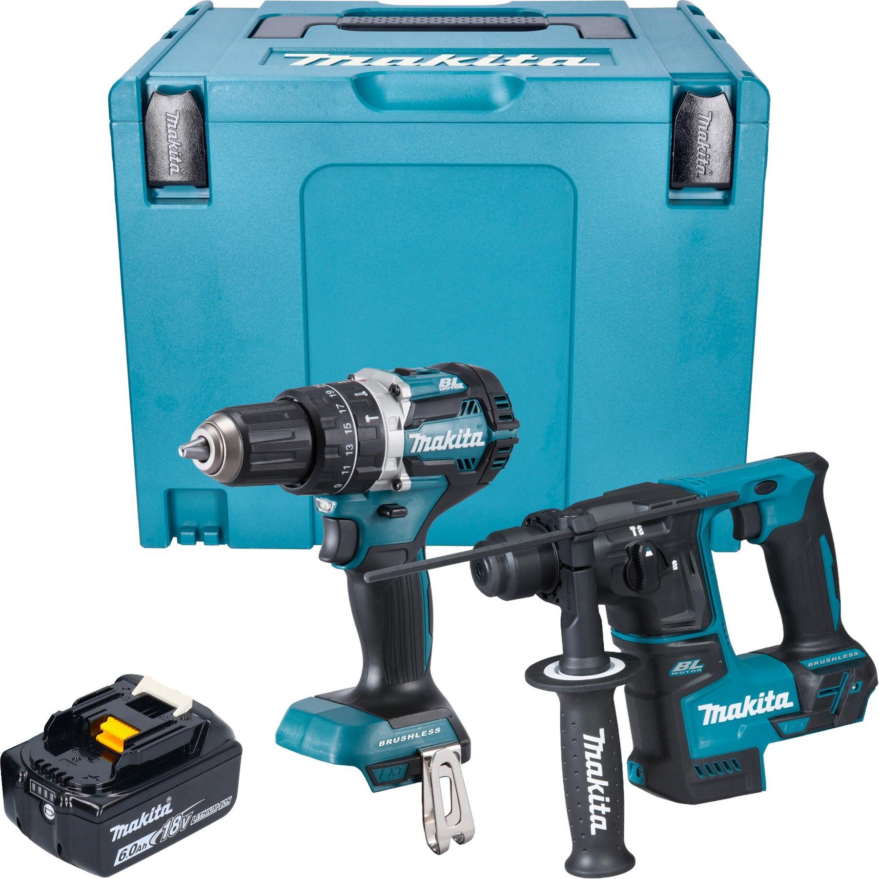 Makita, Bohrmaschine + Akkuschrauber, DLX 2278 G1J Akku Kombo Kit + DHP 484 Schlagbohrschrauber 54 Nm + DHR 171 Bohrhamm...