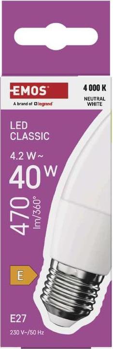 Image du produit Emos Lampe LED Classic Candle / E27 / 4,2 W (40 W) / 470 lm / Blanc neutre (E27, 470 lm, 1 x)