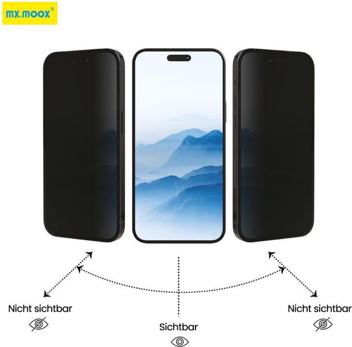 Actual product image Mx. Moox CORNING iPhone 13 / 14 / 13 Pro / 16e- Tempered Glass / Panzerglas - Privacy (1 Piece, Apple iPhone 14, Apple iPhone 13, Apple iPhone 16e, Apple iPhone 13 Pro)