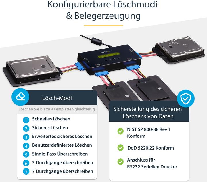 Produktbild StarTech Festplatten Löscher für 6,35cm/2,5 oder 8,89cm/3,5 Zoll SATA Laufwerke - 4 Schächte - Standalone...