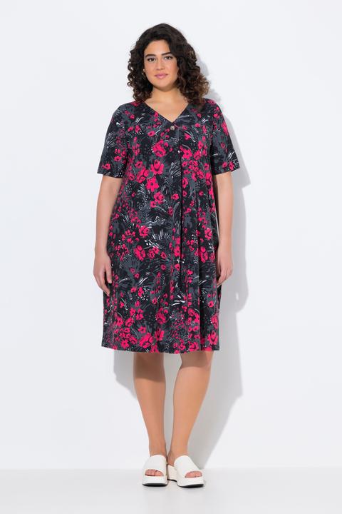 Image du produit Ulla Popken Robe midi en jersey coupe trapèze, avec décolleté en V et manches courtes (46, 48)