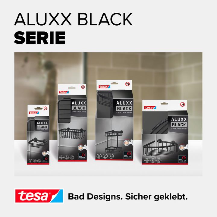 Produktbild tesa ALUXX BLACK Eck-Duschablage inkl. Klebelösung ohne Bohren (9.5 x 20.5 x 21 cm)