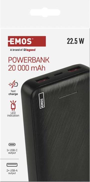 Immagine prodotto Emos Powerbank AlphaQ3, 20 000 mAh, 22,5 W, schwarz (20000 mAh, 22.50 W, 74 Wh)