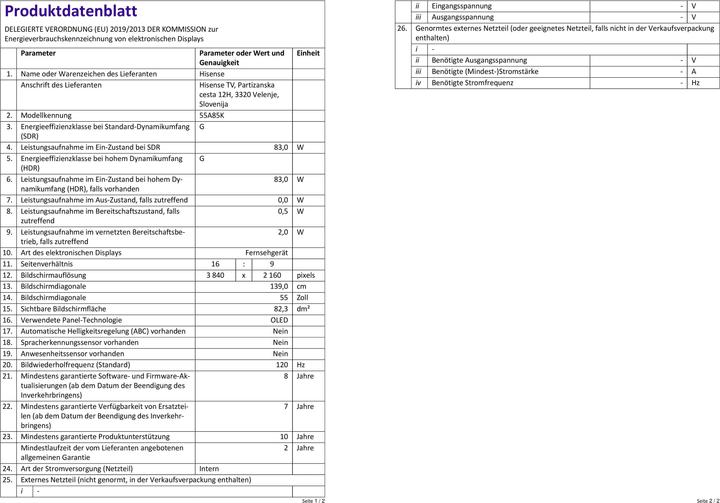 Valori nutrizionali e ingredienti Hisense TV 55A85K (55", OLED, UHD, 2023)