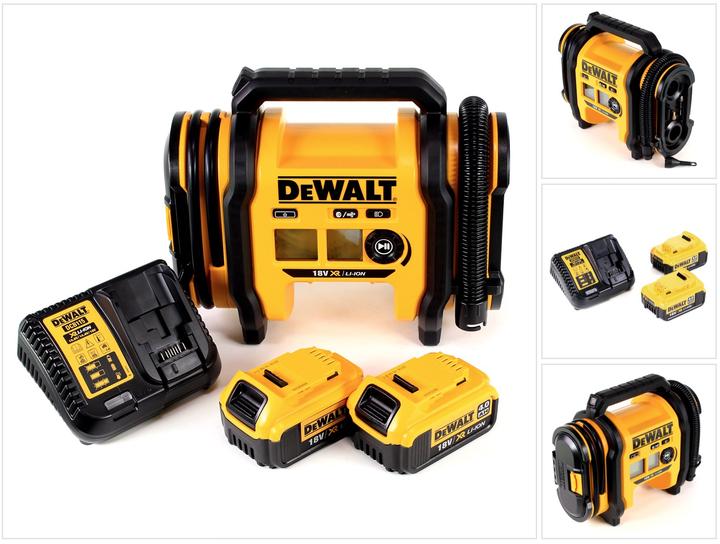 1x DeWALT DCC018 N Akku-Luftkompressor, 2x DeWALT DCB182 4,0 Ah Akku, 1x DeWalt DCB Ladegerät