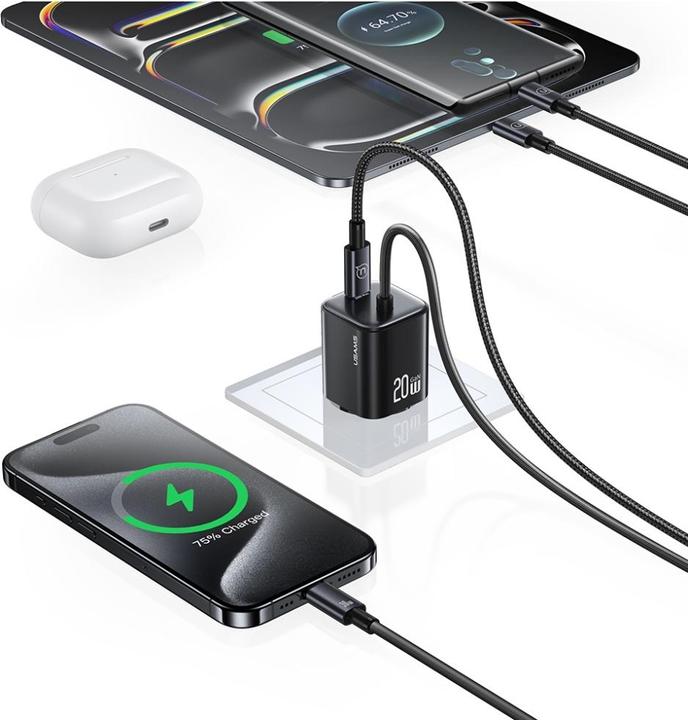 Actual product image Usams Ładowarka sieciowa JC Series CC261 20W GaN Mini Fast Charger 2xUSB-C czarny (20 W, 2 ports)
