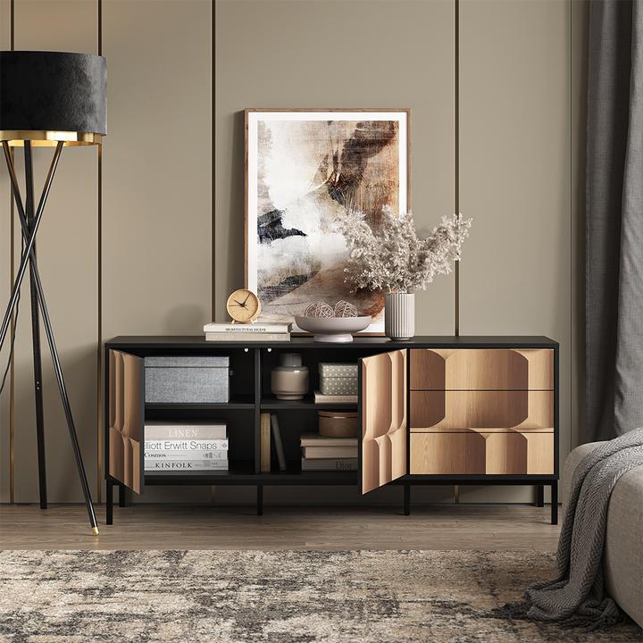 Actual product image Vicco Sideboard Eliza, Black/oak, 150 x 60 cm with 3 drawers (150 x 60 x 40 cm)