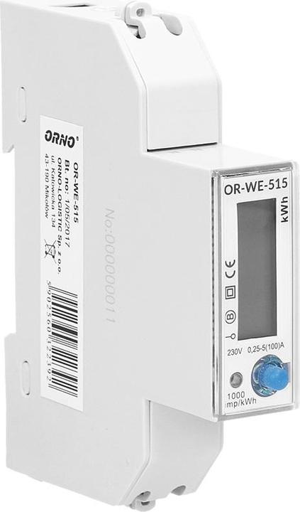 Actual product image Orno 1-phase electricity meter 100A, multi-tariff, RS-485 connection, MID, 1 module, DIN TH-35mm
