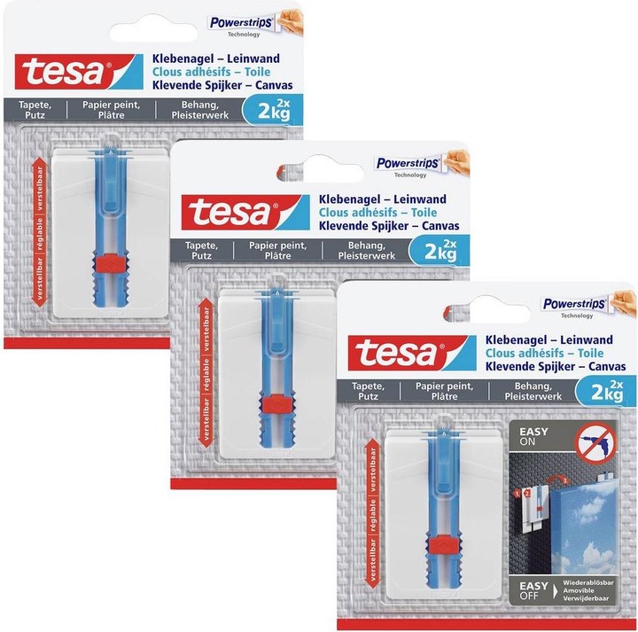Produktbild tesa Klebenagel für Tapete & Putz, ideal für Leinwand & Keilrahmen, 2kg Halteleistung, höhenverstellbar