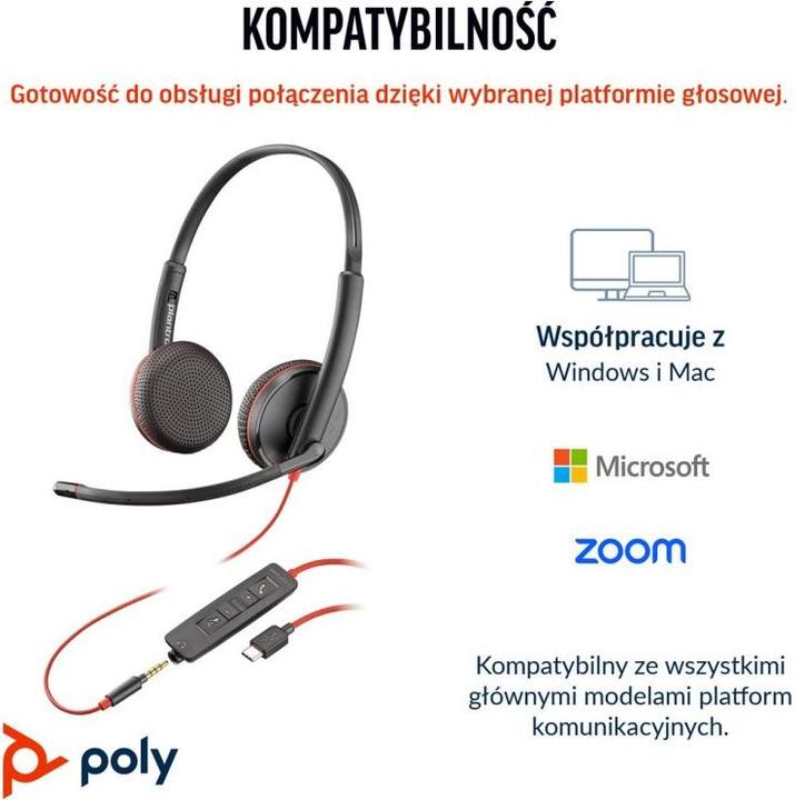 Image du produit Poly Blackwire 3225 Casque stéréo USB-C + prise 3,5 mm + adaptateur USB-C/A (Filaire, USB-C)