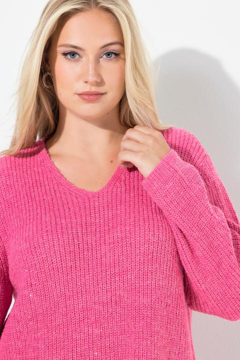 Produktbild Ulla Popken Pullover, Rippstrick, Pailletten, V-Ausschnitt, Langarm (62)