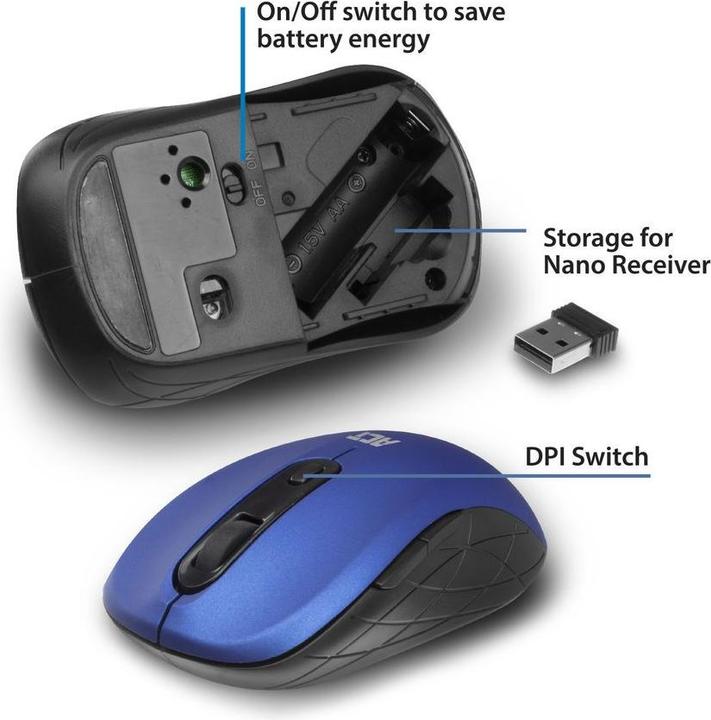 Produktbild ACT Wireless Mouse, USB nano receiver, 1600 dpi, blue (Kabellos)