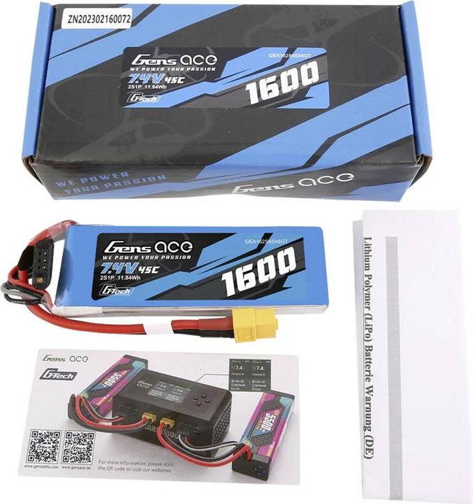 Actual product image Gens Ace G-Tech 45C 2S1P Lipo Battery with XT60 Plug (7.40 V, 1600 mAh)