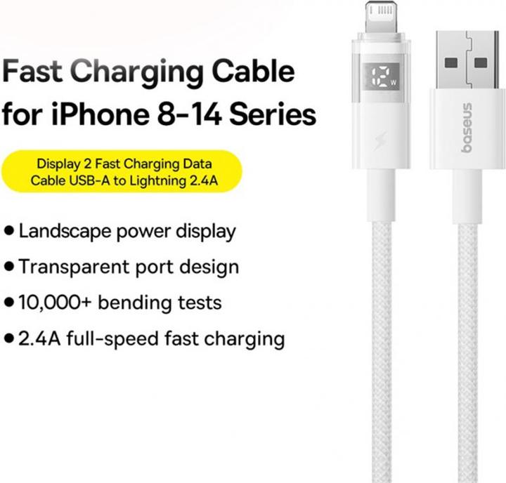 Produktbild Baseus USB-A to Lightning Cable Display 2, 18W, 2.4A, 2m, White (USB 3.2 Gen 1, 18 W)