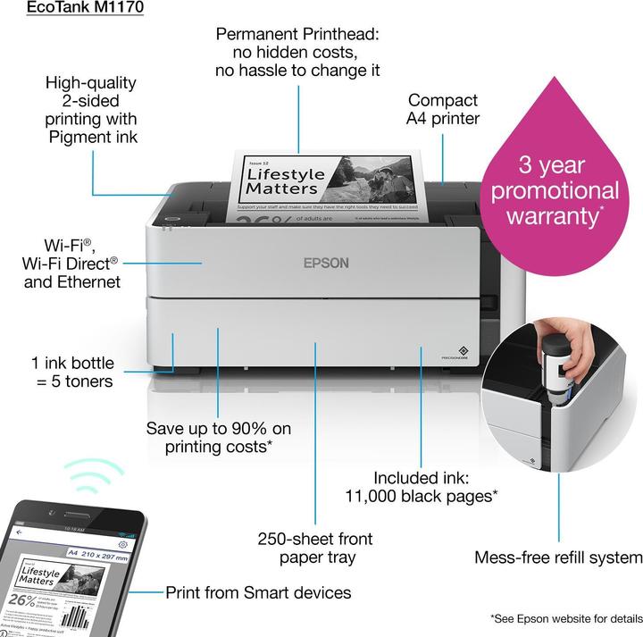 Produktbild Epson EcoTank M1170 - 1200 x 2400 DPI - 1 - A4 - 39 Seiten pro Minute - Doppeltdruck - (Tintentank, Schwarz-Weiss)