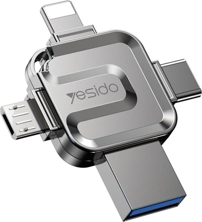 Produktbild Yesido - Memory Stick 4in1 (FL15) - OTG, USB, Type-C, Micro-USB, Lightning, 5Gbps, 128GB - Grey (128 GB, Micro USB-B, USB-A, USB-C)