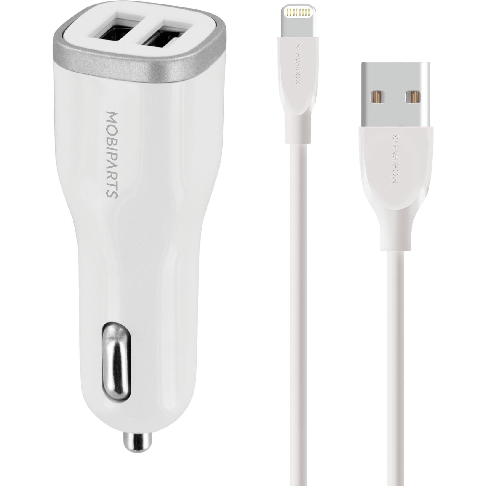 Mobiparts Car Charger Dual USB 12W/2.4A + Lightning Cable White, Adattatore per auto, Bianco