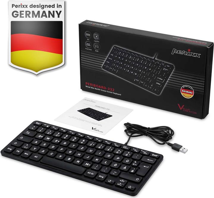Productafbeelding Perixx PERIBOARD-332B DE, minitoetsenbord, USB bedraad, achtergrondverlichting, zwart (DE, Bedraad)