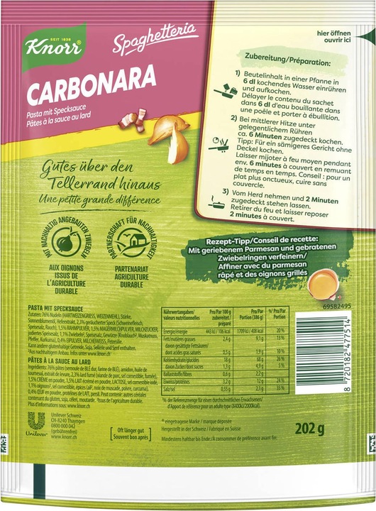 Immagine prodotto Knorr Spaghetteria Carbonara Pasta Bag, Pasta con panna, pancetta e olio extravergine di oliva (212 g)