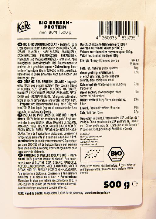 Valeurs nutritives et ingrédients KoRo Protéine de pois (Nature, 1 pcs, 500 g)