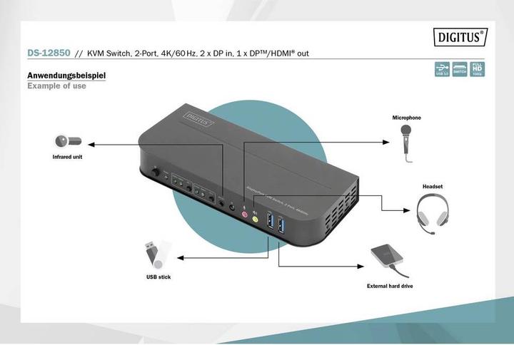 Produktbild Digitus KVM-Switch, 2-Port, 4K60Hz, 2 x DP in, 1 x DP/HDMI out