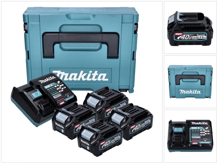4x Makita BL 4025 Akku 40 V 2,5 Ah XGT Li-Ion Akku (191B36-3), 1x Makita DC 40 RA 40 V Schnell Ladegerät XGT LXT (191E07-8), 1x Makita MAKPAC 1 Systemkoffer, 1x passende Einlage