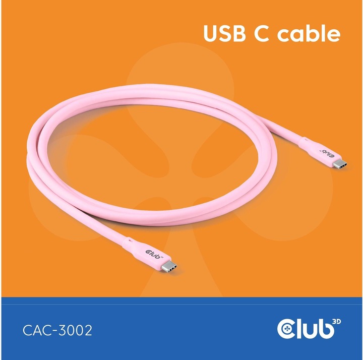 Produktbild Club 3D Club3D Lifestyle USB-C Kabel PD 240W,20Gbps 2m pink St/St retail (2 m, USB 4.0)