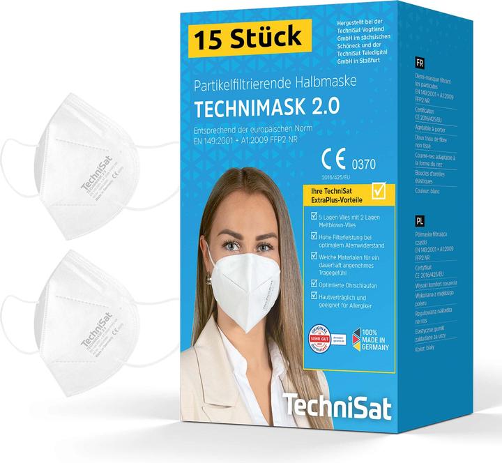 TechniSat TECHNIMASK 2.0 - Masque FFP2 (masque facial à 5 couches avec polaire de haute qualité, protection (FFP2, 15 x)