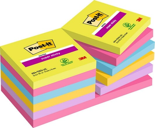 Produktbild 3M Super Sticky Notes assorterede farver, pakke a 12 stk.