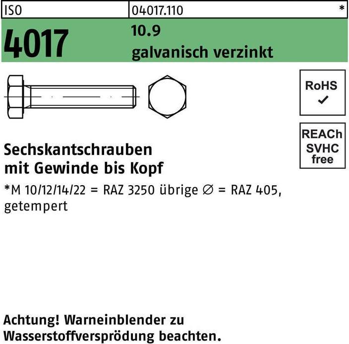 Image du produit Bufab Vis à tête hexagonale ISO 4017 VG M 10 x 70 10.9 électro-galvanisée (100 Vis par pièce)