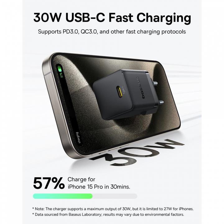 Productafbeelding Baseus - Wandoplader Palm (P10111605113-00) - Snelle oplader, Type-C, PD 30W, 5V/3A - Cluster Zwart (30 W, 1 portie)