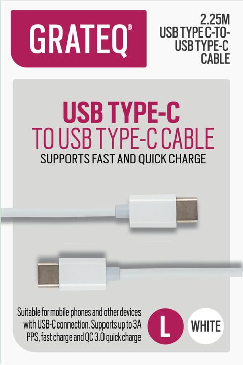 Produktbild Grateq USB C - USB C Latauskaapeli Quick 2.25m Valkoinen (2.25 m, USB 2.0)