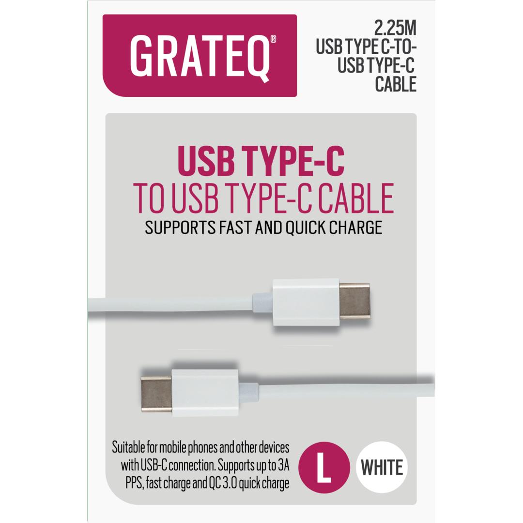 Grateq USB C - USB C Latauskaapeli Quick 2.25m Valkoinen (2.25 m, USB 2.0), USB Kabel