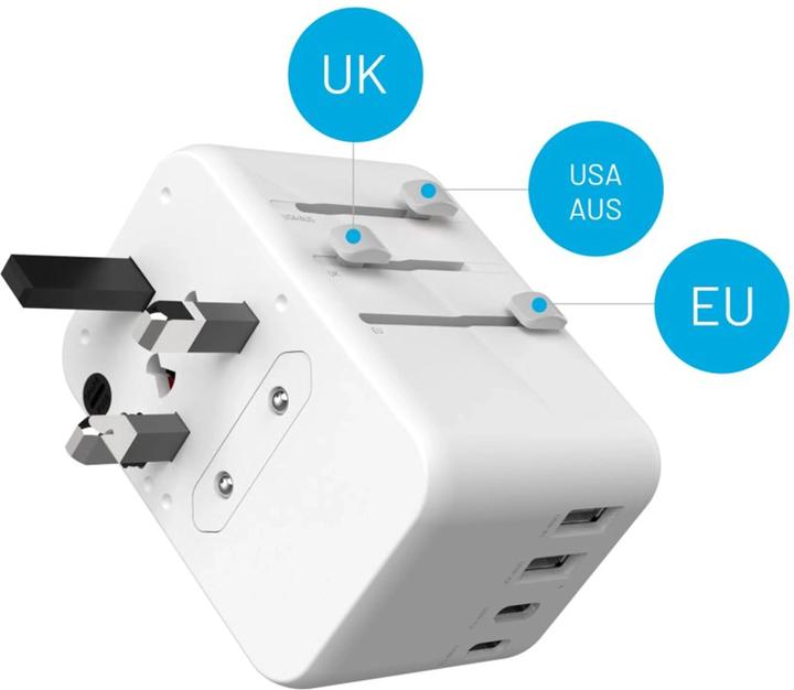 Actual product image Fixed Voyager 65 W travel adapter for EU, UK and USA/AUS, with 3xUSB-C and 2xUSB output, GaN, PD 65W, whit