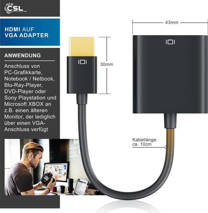 Produktbild CSL HDMI auf VGA, 3,5mm Klinke Audio- & Video-Adapter, 10 cm, Konverterkabel 1080p, digital zu analog (VGA, 20 cm)