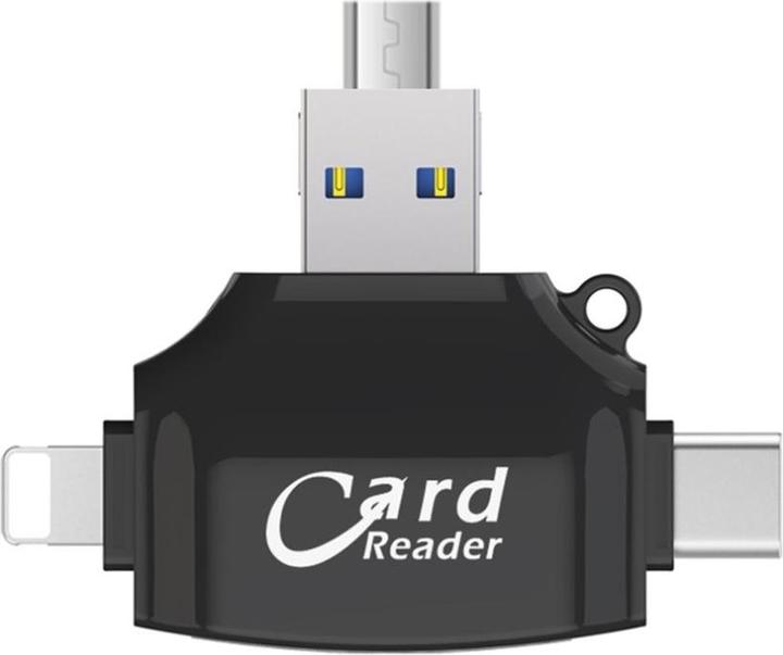 Produktbild Deltalabs 4in1 Mini-Kartenleser für SD/MicroSD – Lightning, USB C & Micro USB (Schwarz)