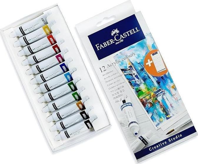 Produktbild Faber-Castell Acrylfarbe in Tube, 12er Kartonetui hochpigmentierte, lichtechte Farben mit glänzendem (20 ml)