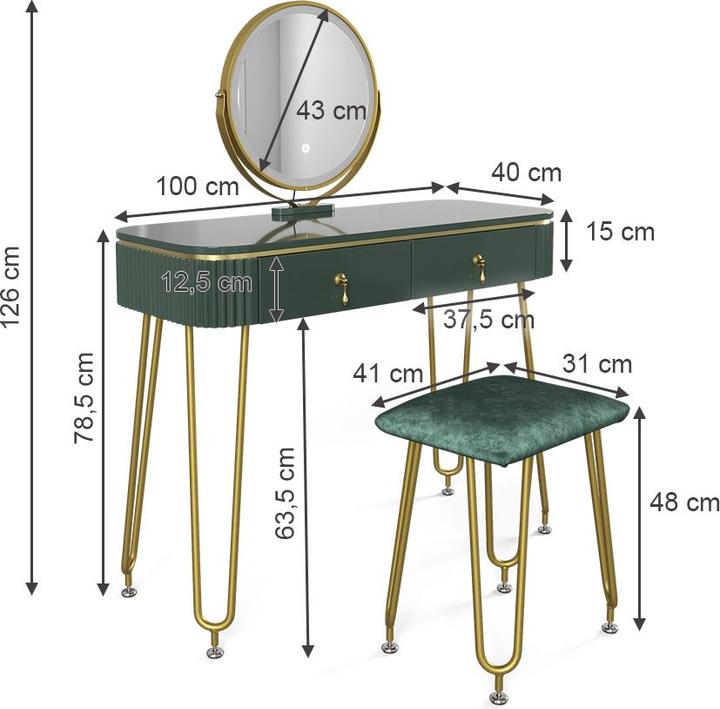 Image du produit Vicco Grace avec tabouret et éclairage (100 x 40 x 126 cm)