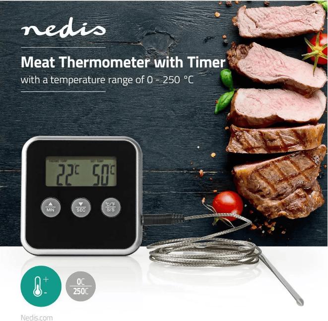 Immagine prodotto Nedis Termometro per carne 0-250 °C Display digitale Timer 80 mm Argento/Nero