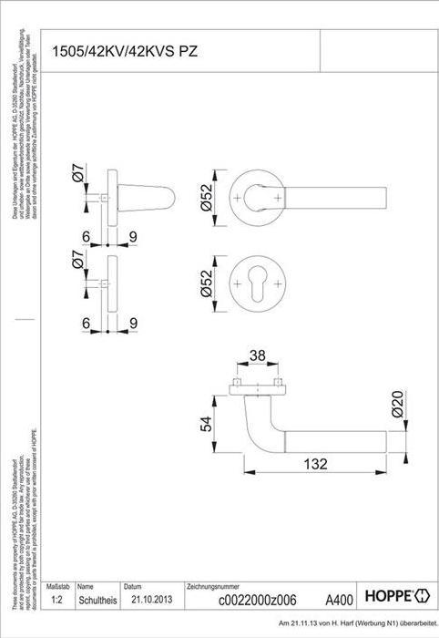 Produktbild Hoppe Rosettengarnitur Bremen 1505/42KV/42KVS quadratisch Abmessung 8mm PZ F49/F9-2 Stahl verchromt/Alumin (Türgarnitur)