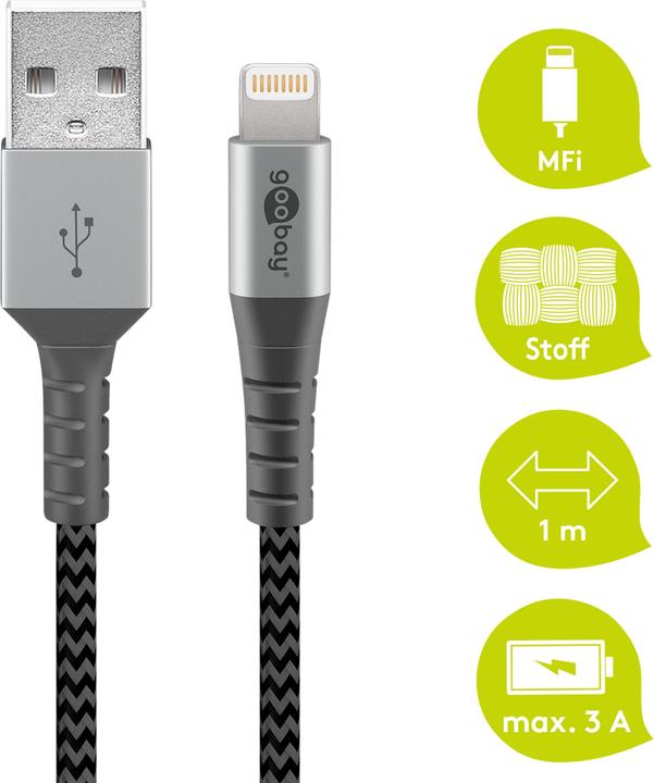 Productafbeelding Goobay Lightning naar USB-A textiel kabel met metalen stekkers (space grijs/zilver) 1 m, zwart-grijs (1 m, USB 2.0)