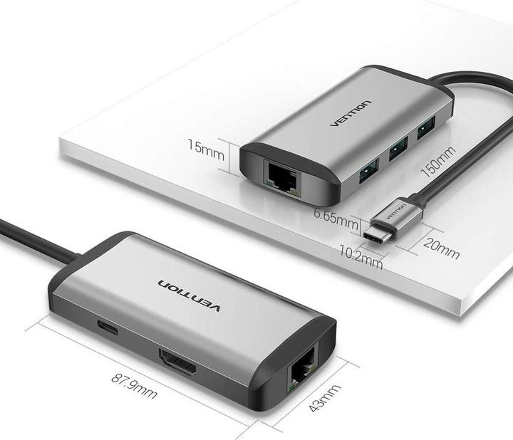 Actual product image Vention USB-C Docking Station to HDMI, 3x USB3.0, RJ45, PD 0.15m CNCHB, grey (USB-C, 6 ports)