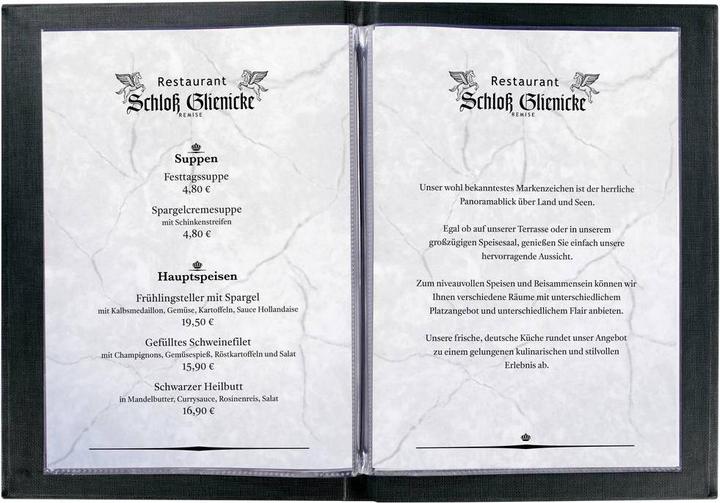 Actual product image Sigel Menu Folder with elastic binding, blind debossing: MENU, with 2 double transparent pockets for 8 pag