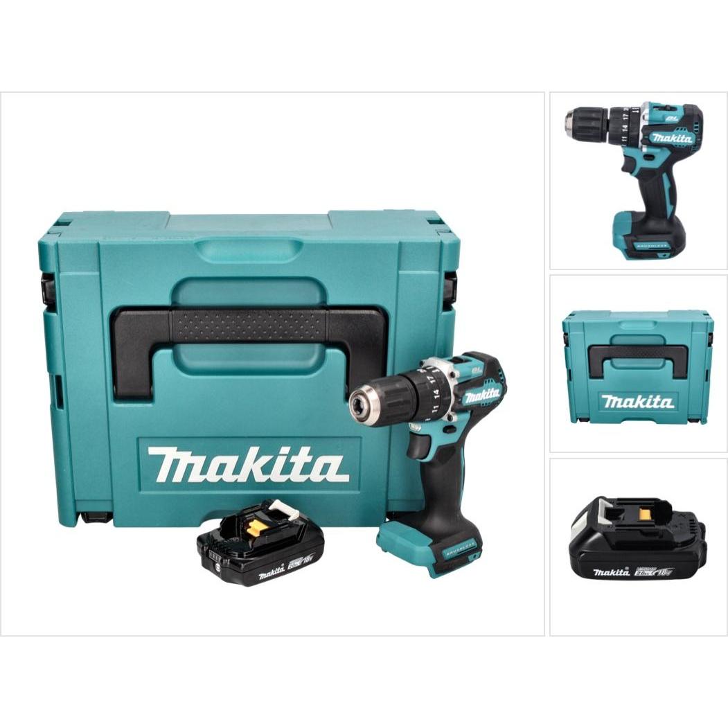 Makita, Bohrmaschine + Akkuschrauber, DHP 487 A1J Akku Schlagbohrschrauber 18 V 40 Nm Brushless + 1x Akku 2,0 Ah + Makpa...